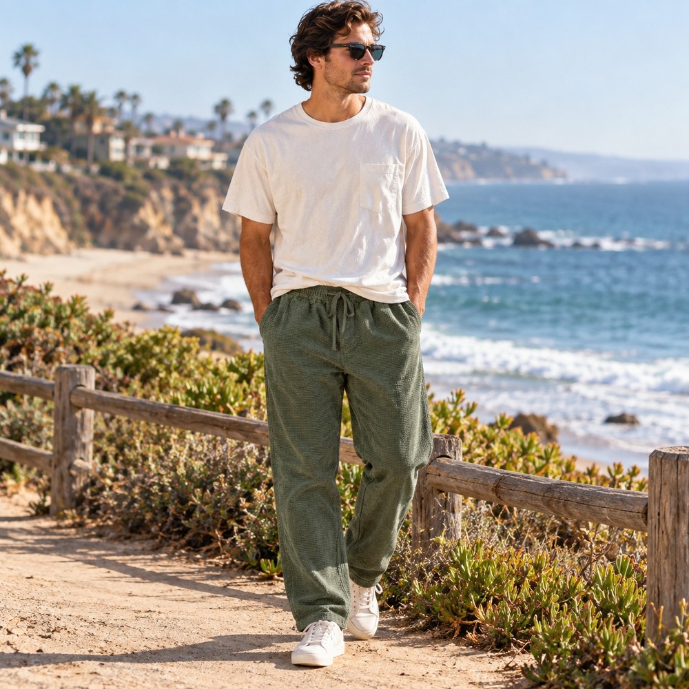 Katin Men Ward Waffle Corduroy Pants Sz M Green Relaxed Drawstring Beach Outdoor